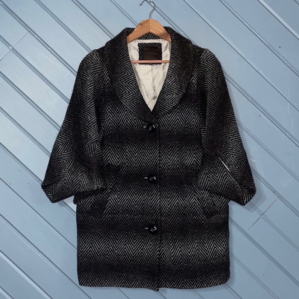 The Limited Wool Blend Black Gray Brown Chevron 3/4 Kimono Sleeve Coat